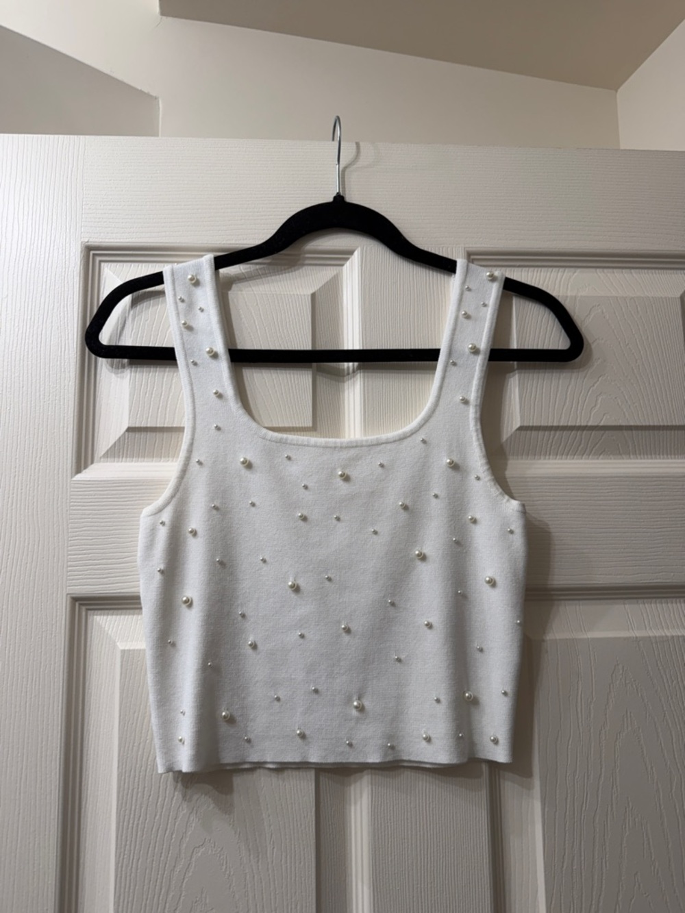 Pearl-Embellished White Tank Top